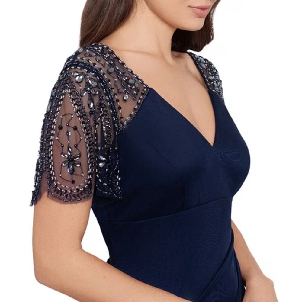 Xscape Women's Navy Sheer Flutter Sleeve V-Neck Beaded Slim Gown Size 10 - Picture 4 of 10